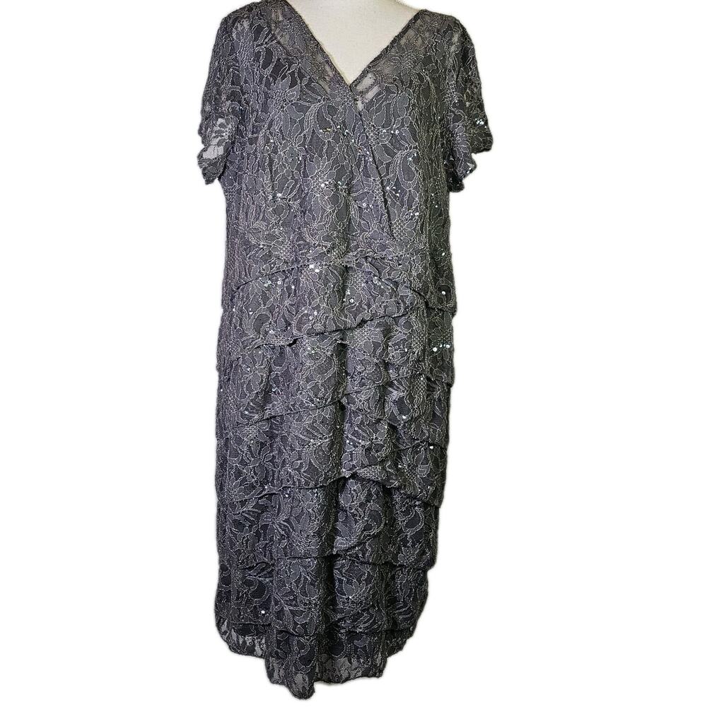 Scarlett Shift Knee Length V-Neck Dress Size 24W Lace Sequins Mother of Bride